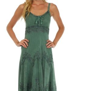 Sakkas Sage Green Stonewashed Embroidered Dress